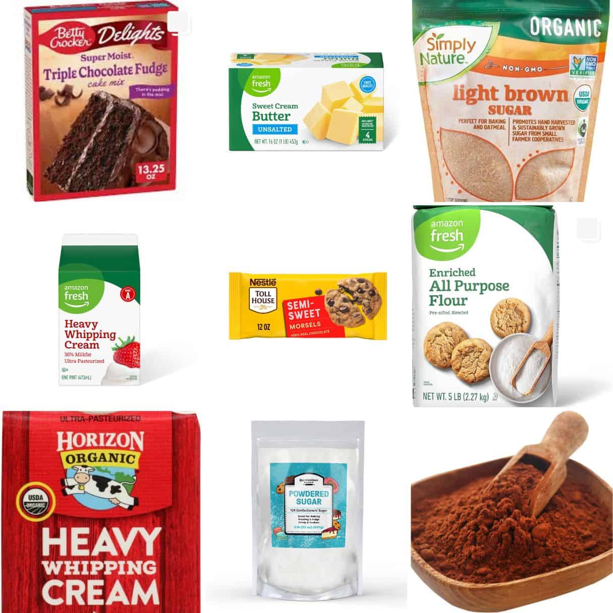 ingredients including chocolate cake mix, butter, brown sugar, mini chocolate chips, cocoa powder, and cream.