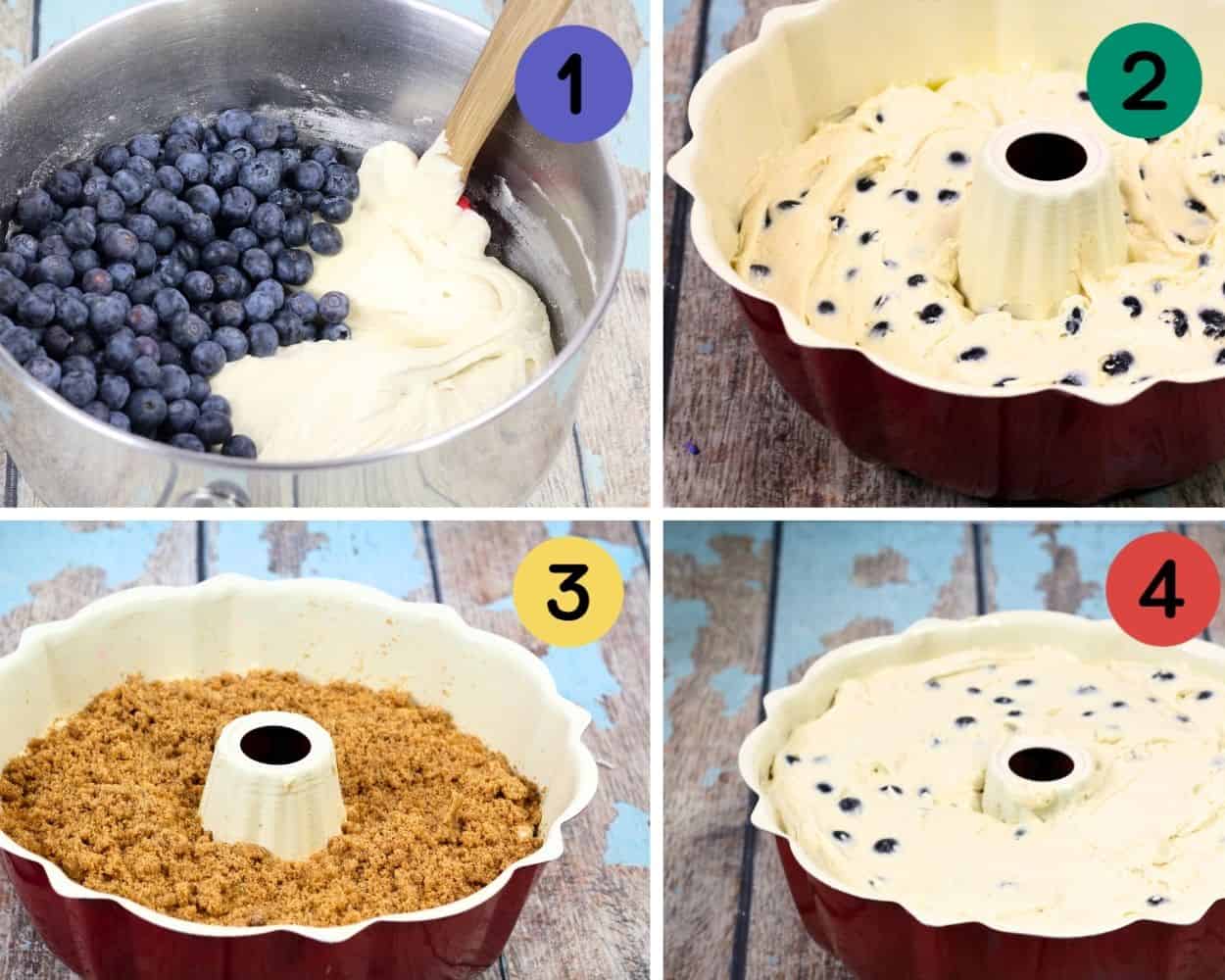 4 image collage showing placing batter, blueberries, and streusel in a Bundt pan.