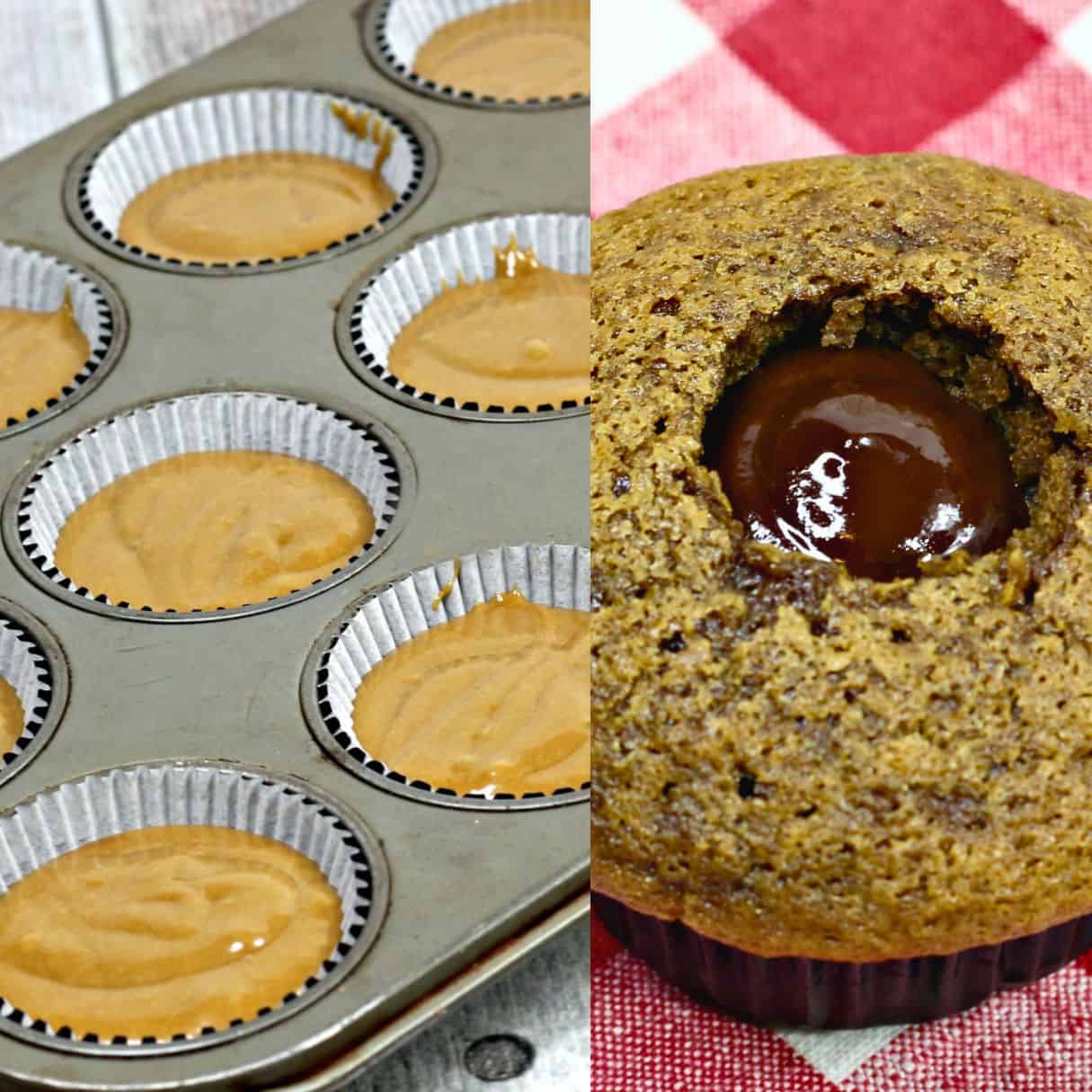coffee cupcake batter on the left and a cored cupcake filled with ganache on the right. 
