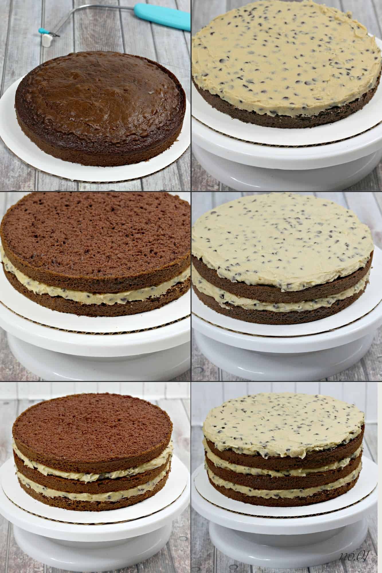 assembling a 3 layer chocolate cake with cookie dough filling.