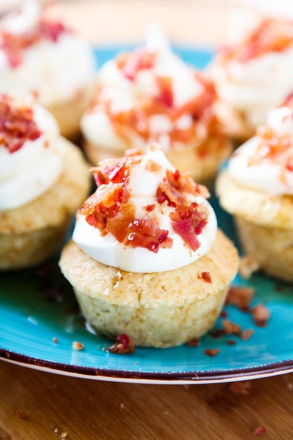 maple syrup bacon cupcakes garnished with crunchy bacon bits. 