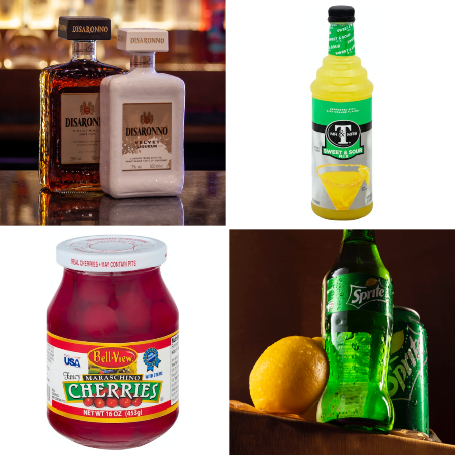 a four image collage showing the ingredients needed to make an amaretto sour.