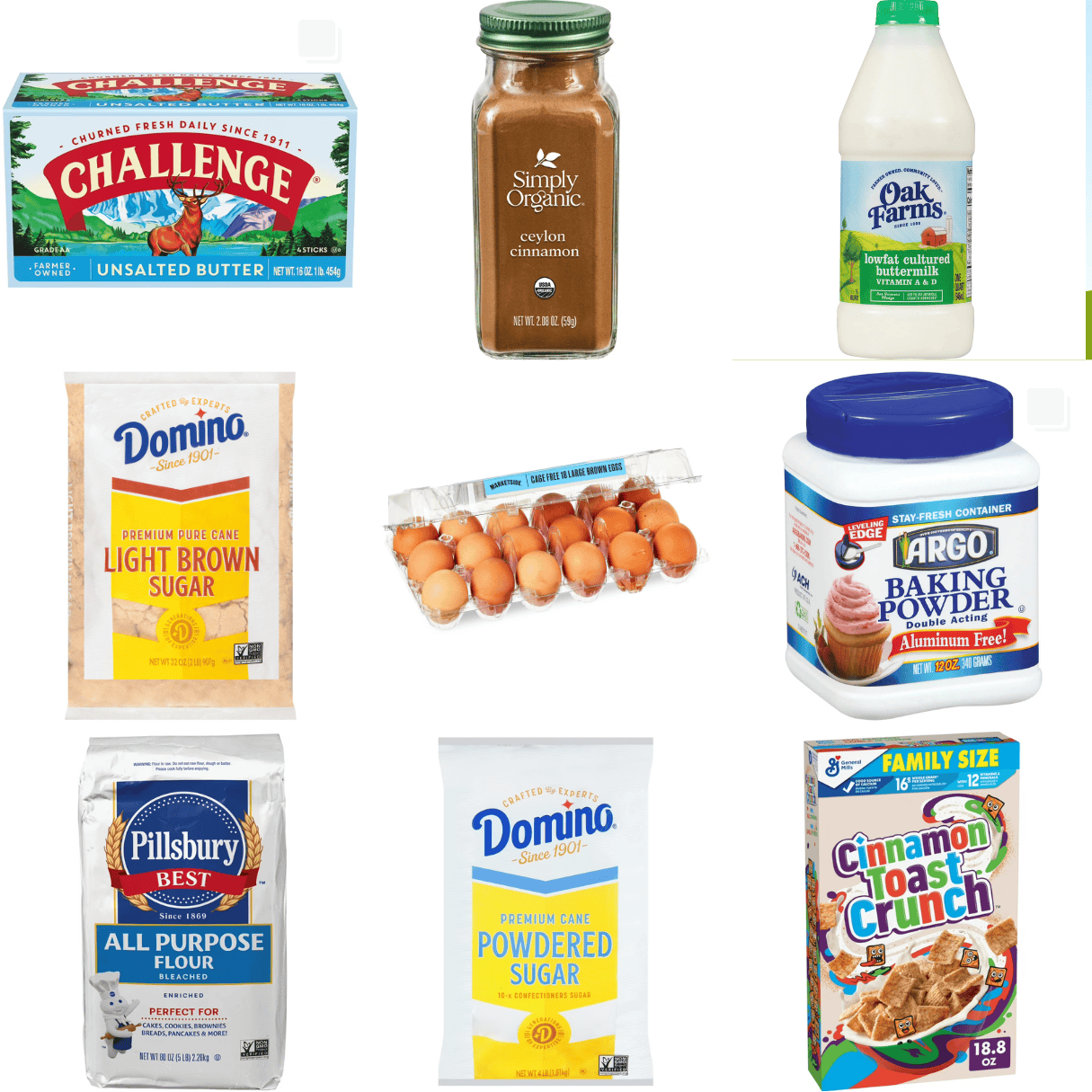 ingredients including butter, cinnamon, buttermilk, brown sugar, eggs, baking powder, flour, and cinnamon toast crunch.