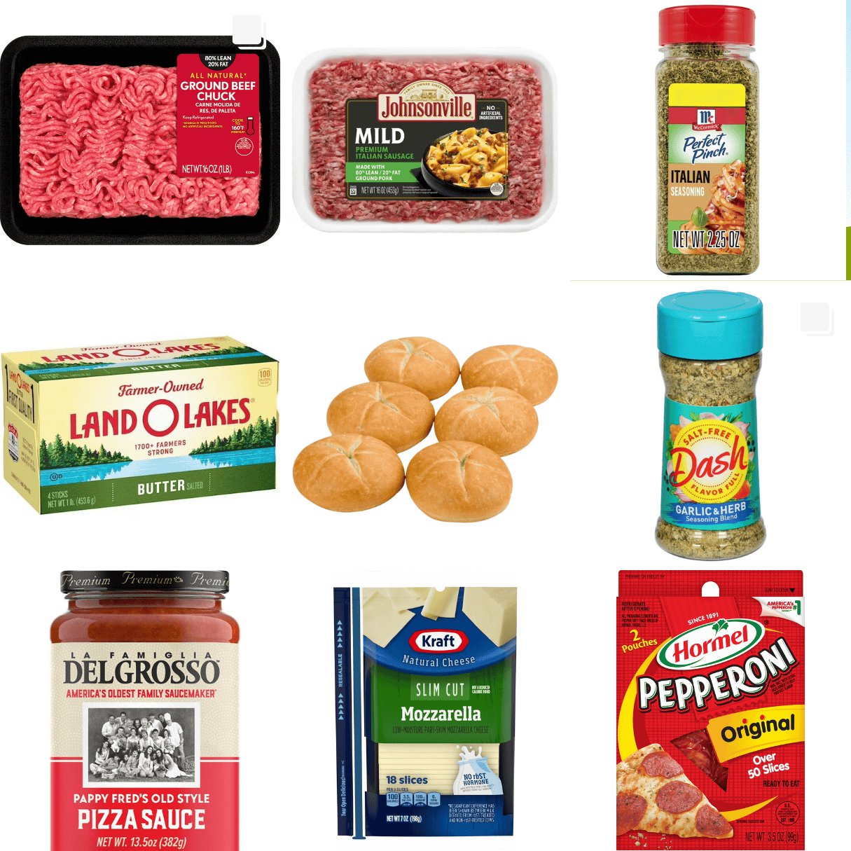 ingredients including ground beef, ground sausage, butter, buns, pizza sauce, mozzarella cheese, and pepperoni.