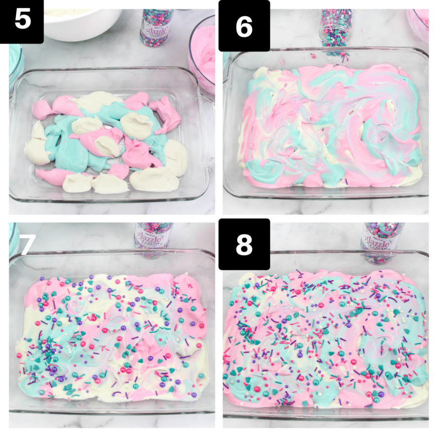 a four image collage showing how to swirl cotton candy ice cream.