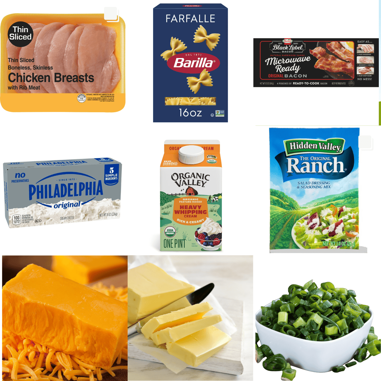 ingredients including chicken breasts, farfalle, bacon, cream cheese, heavy cream, ranch seasoning, cheese, and butter.