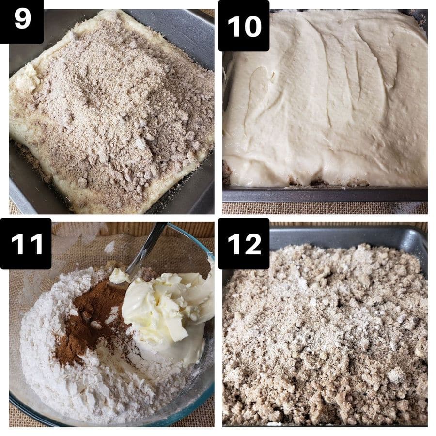 4 images showing coffee cake batter and topping assembly in a glass pan.