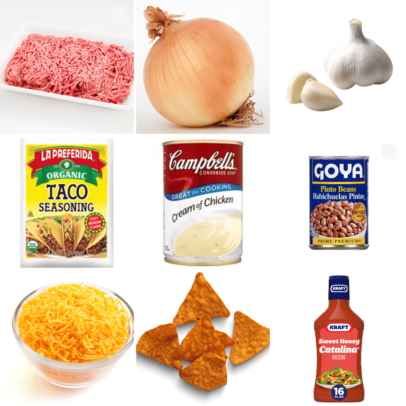 ingredients including ground beef, onion, taco seasoning, pinto beans, cheese, doritos, and cream of chicken soup.