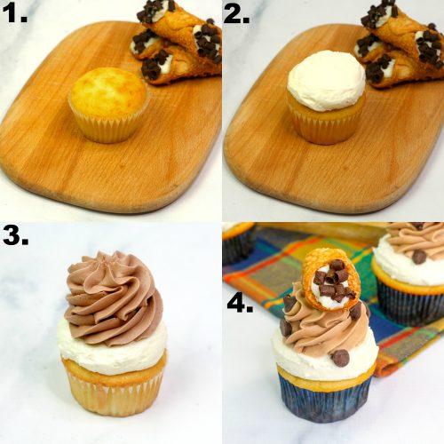 a collage of 4 pictures showing up to frost a cannoli cupcake