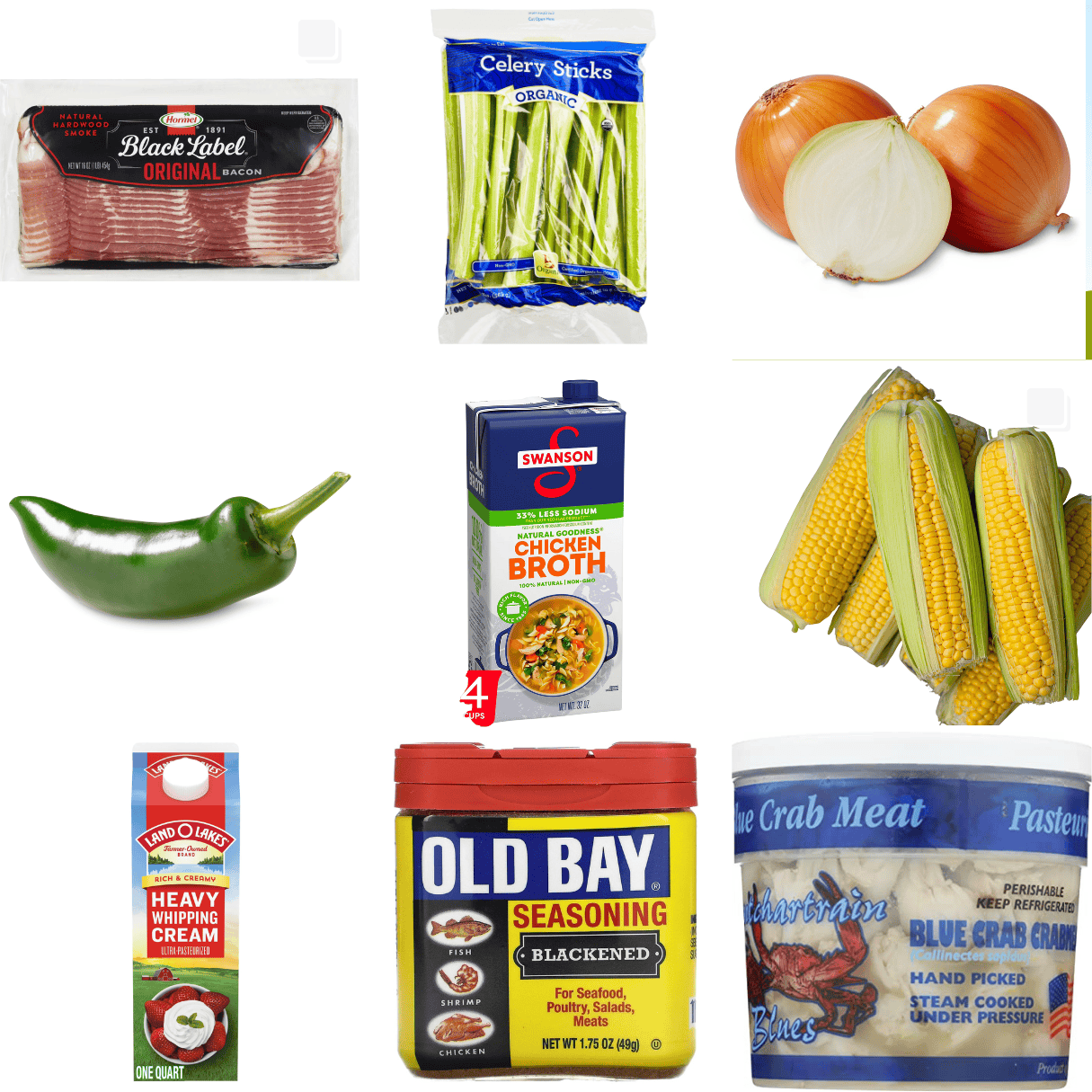 ingredients including bacon, celery, onion, jalapeno, chicken broth, corn, heavy cream, old bay, and crab meat. 