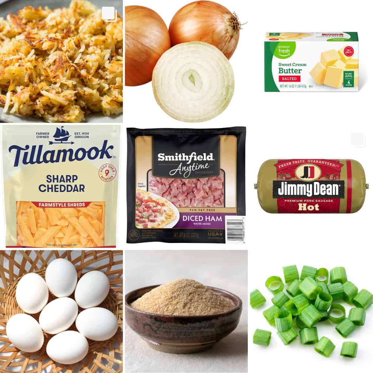 ingredients including hashbrowns, onion, butter, cheese, ham, hot sausage and eggs. 