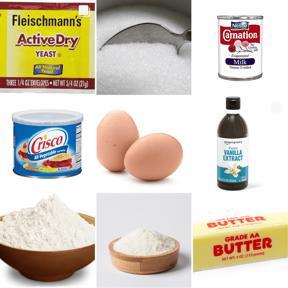 ingredients including yeast, sugar, evaporated milk, crisco, eggs, vanilla, and powered sugar.