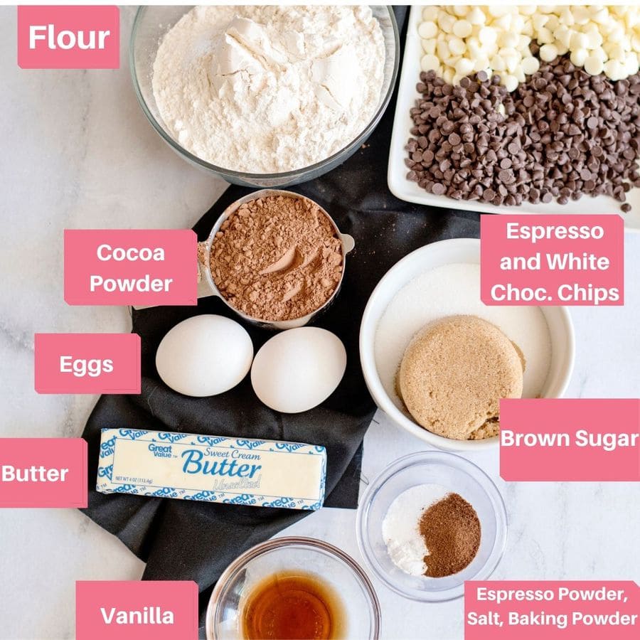 ingredients for coffee cookies on a counter with a black dish towel.