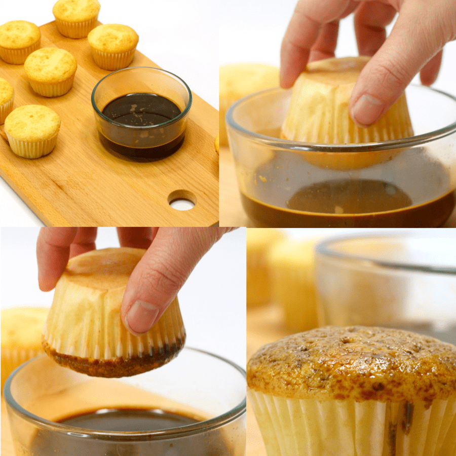 a collage showing how to dip vanilla cupcakes into brewed coffee. 