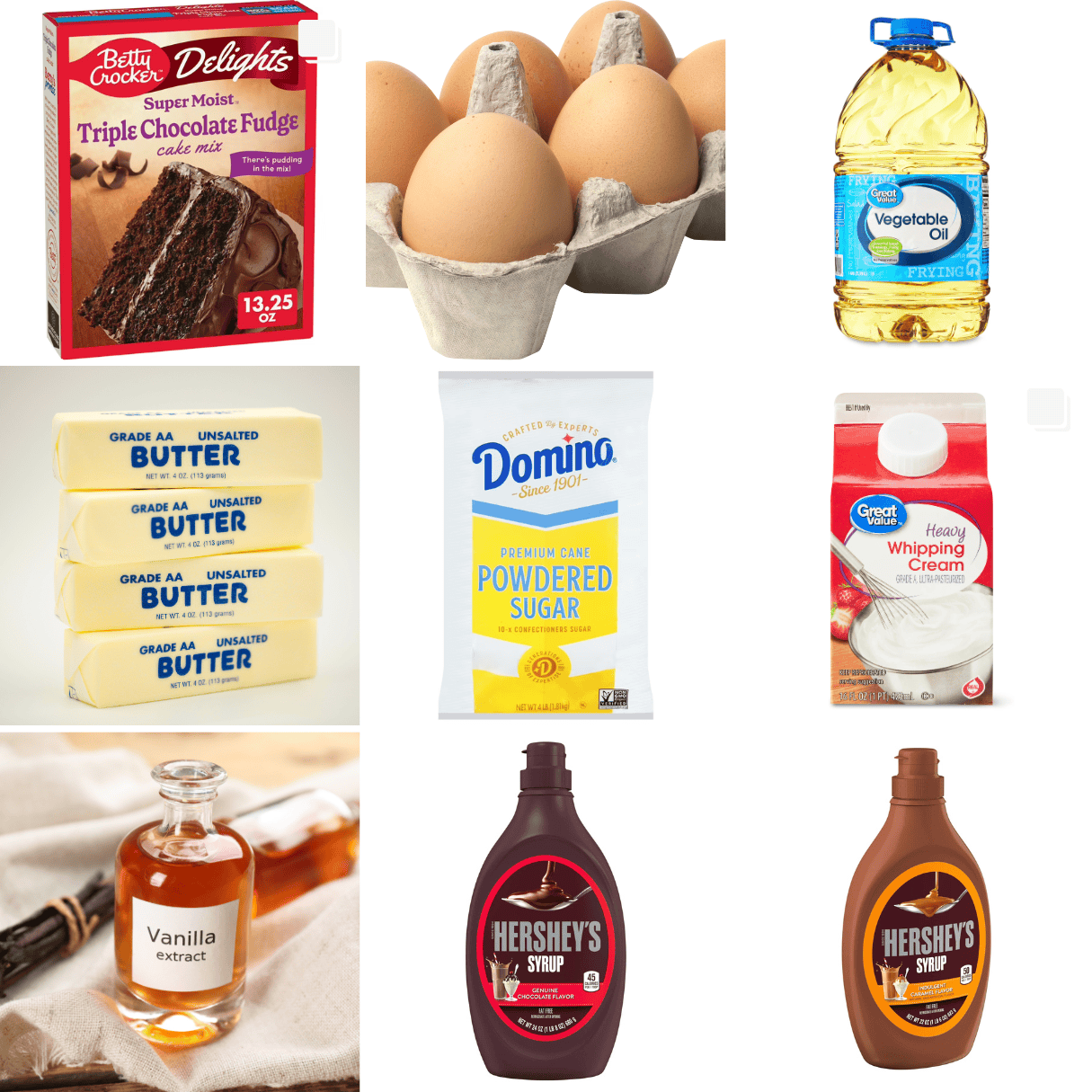 ingredients including cake mix, butter, oil, eggs, powdered sugar, heavy cream, and caramel syrup. 