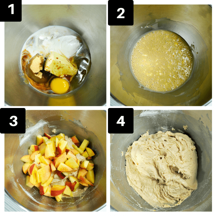 a 4 image collage showing the ingredients and batter for peach coffee cake.