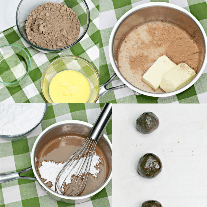 a four image collage showing the steps to make texas sheet cake cookie batter.