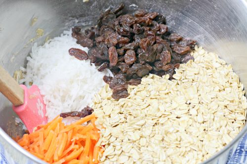 a silver bowl containing oats carrots, raisins, and coconut.