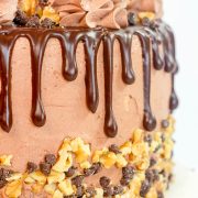 a chocolate cake with dripping ganache, walnut, chocolate chips, and chocolate frosting