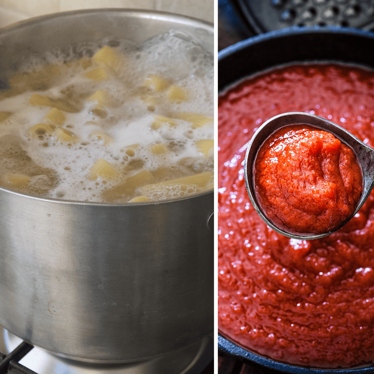 a collage showing boiling pasta and heat marinara sauce.