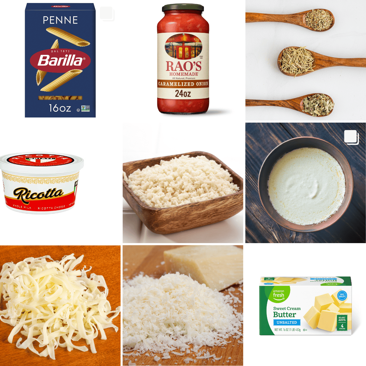 ingredients including penne, tomato sauce, alfredo sauce, ricotta, cheeses, and panko bread crumbs.
