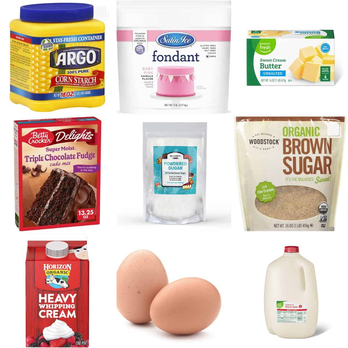 ingredients including fondant, cornstarch, butter, cake mix, brown sugar, eggs, and milk.
