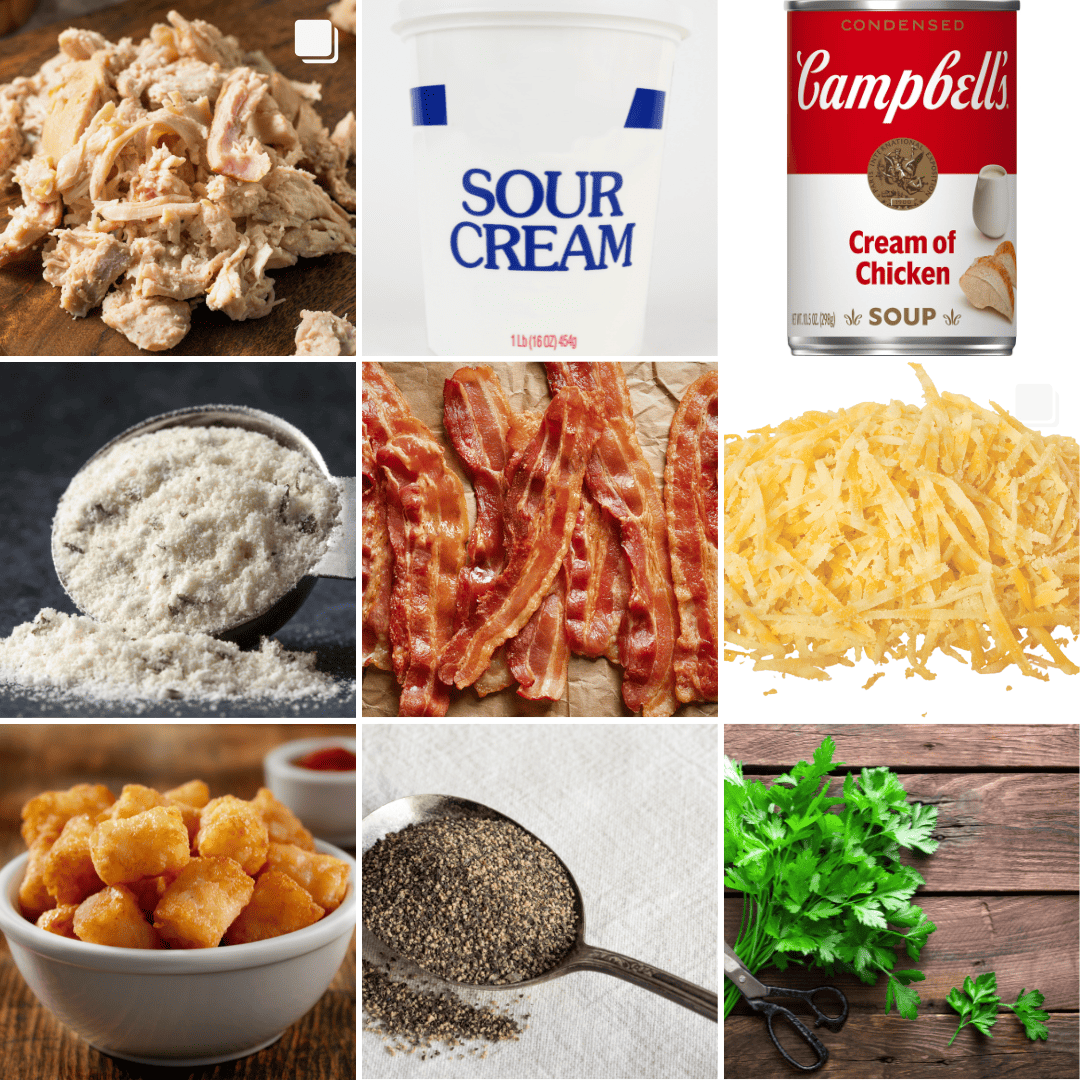 ingredients including rotisserie chicken, sour cream, ranch seasoning, bacon, cheese, and tater tots. 