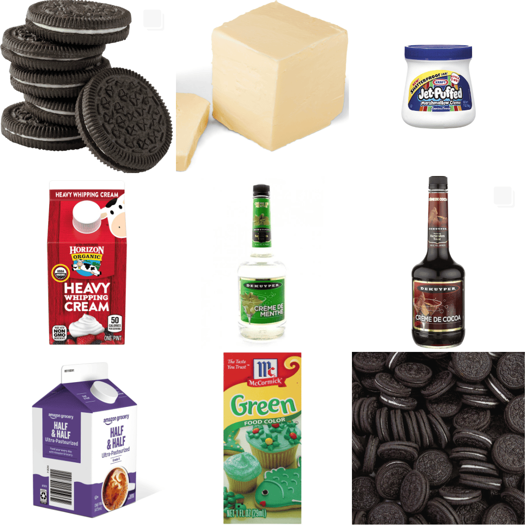 ingredients including oreos, butter, marshmallow fluff, creme de menthe, and creme de cacao.