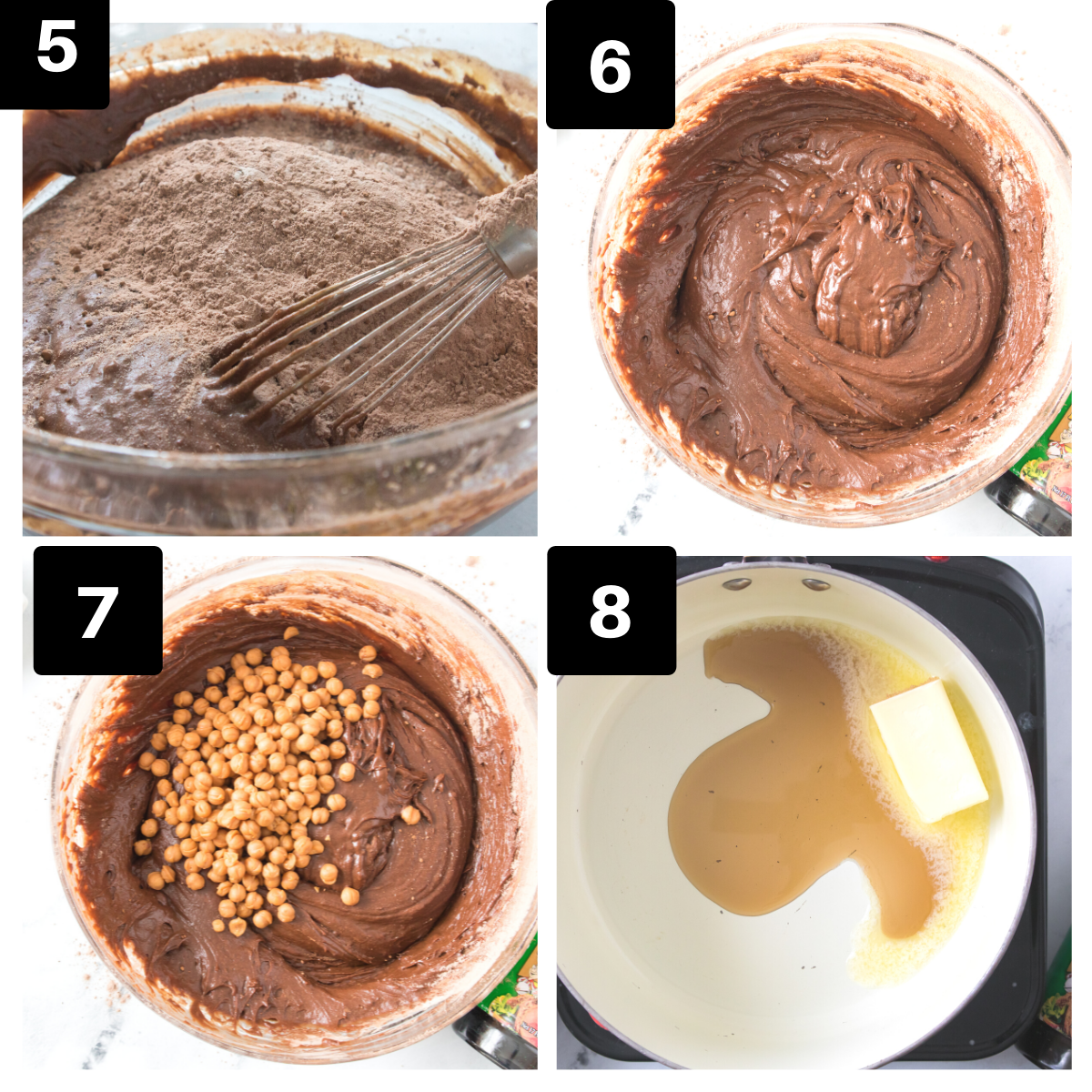 a 4 image collage showing how to make brown sugar brownies with caramel bits.
