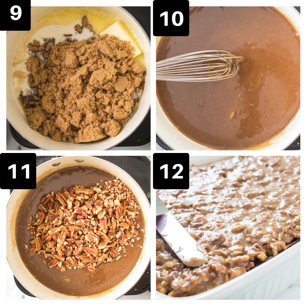 a 4 image collage showing how to make praline frosting with pecans.