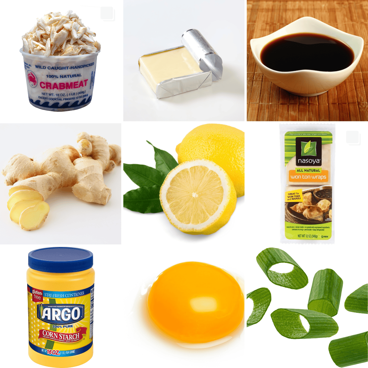 ingredients including lump crab meat, cream cheese, soy sauce, ginger, lemon, wonton wrappers, and green onions. 
