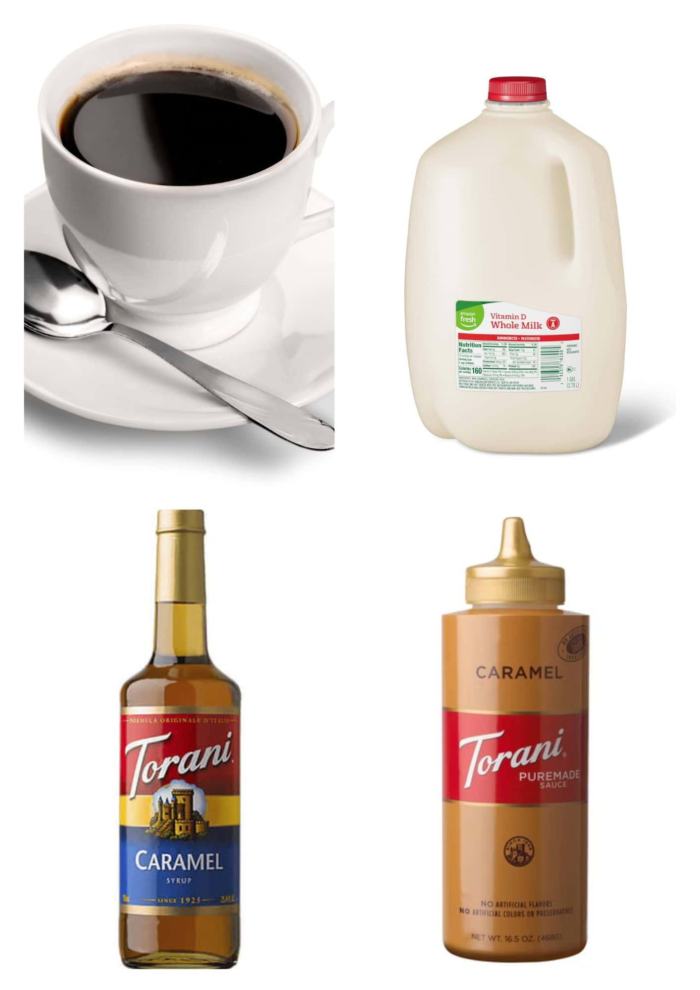 ingredients including a cup of coffee, milk, caramel syrup, and caramel sauce.