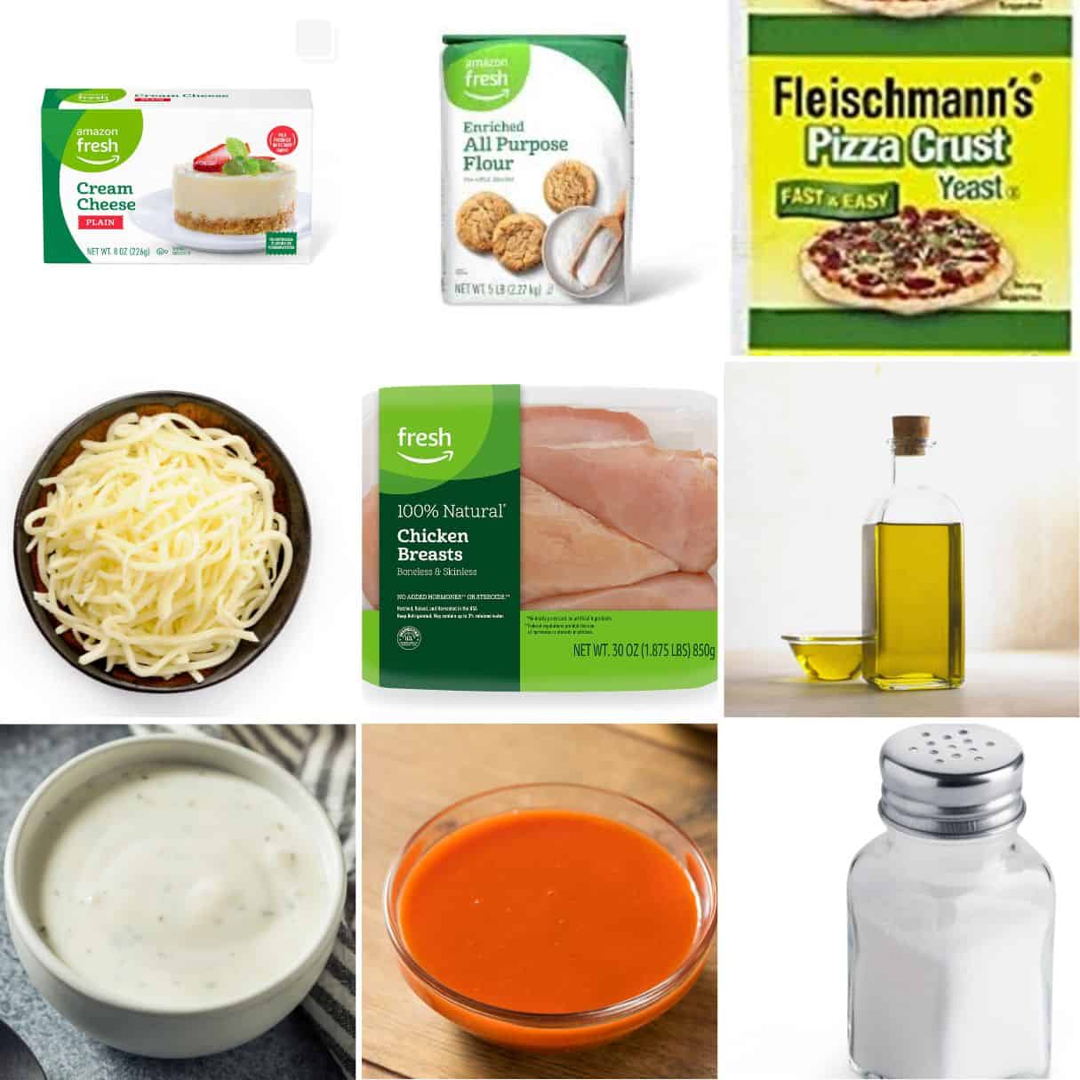 ingredients including cream cheese flour, pizza yeast, mozzarella cheese chicken, and buffalo wing sauce.