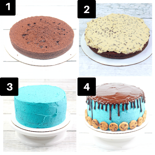 a four image collage showing how to frost a cookie monster cake