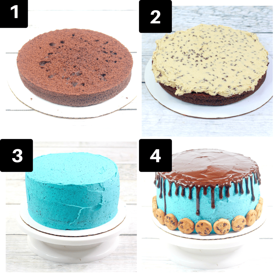 a four image collage showing how to make a chocolate cake with cookie dough filling and oreo frosting. 
