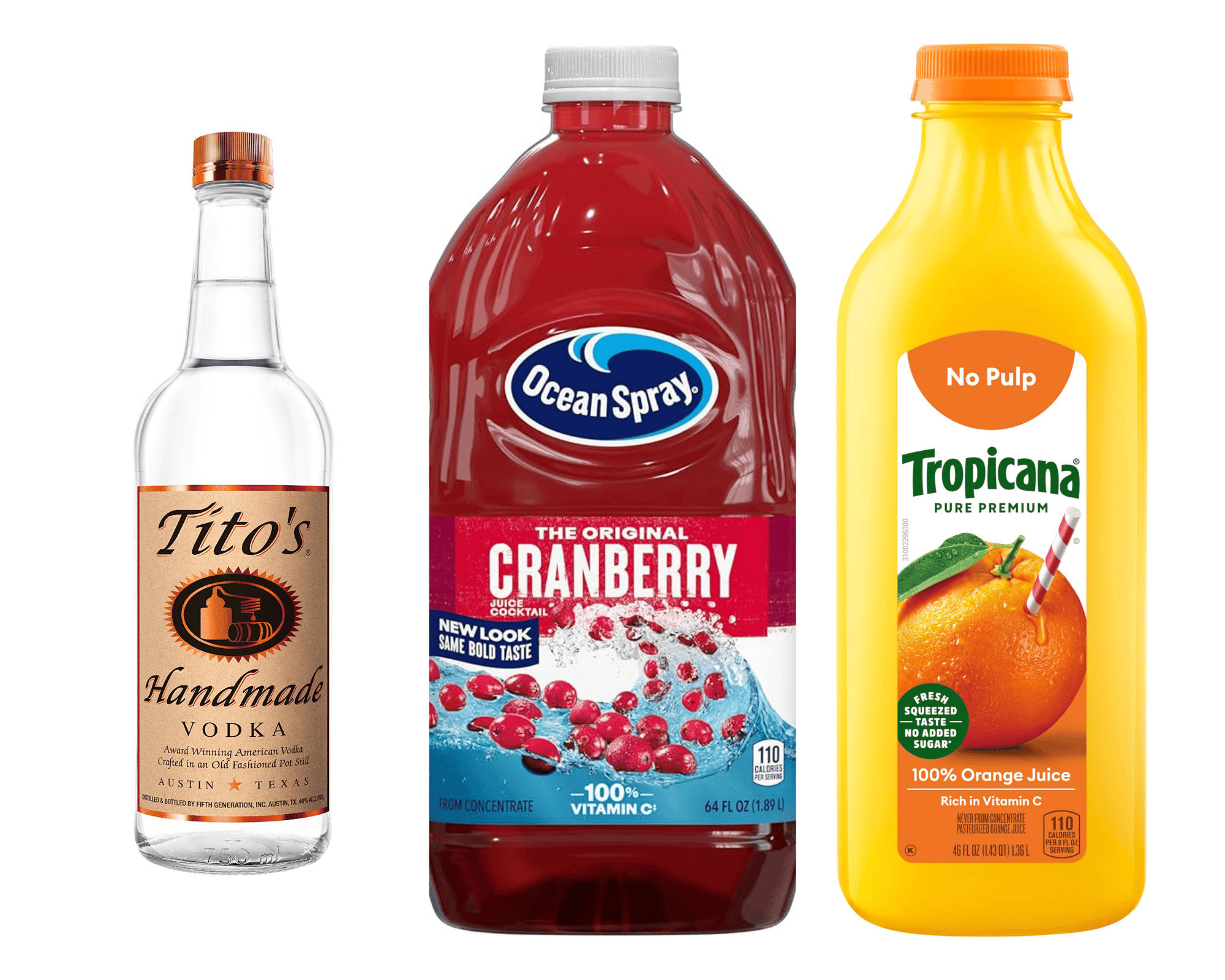 bottles of Tito's vodka, cranberry juice, and orange juice.