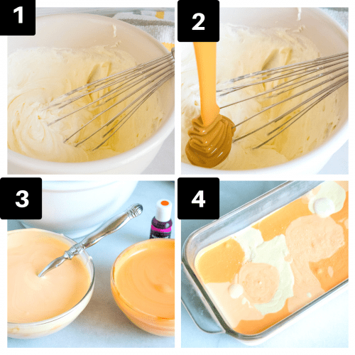 a four image collage showing the steps to make no churn orange ice cream.