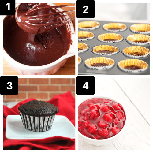 a four image collage showing how to make chocolate cherry filled cupcakes.