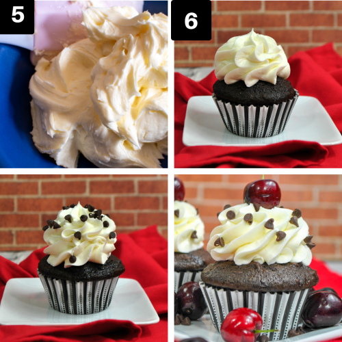 a four image collage showing up to decorate black forest cupcakes.