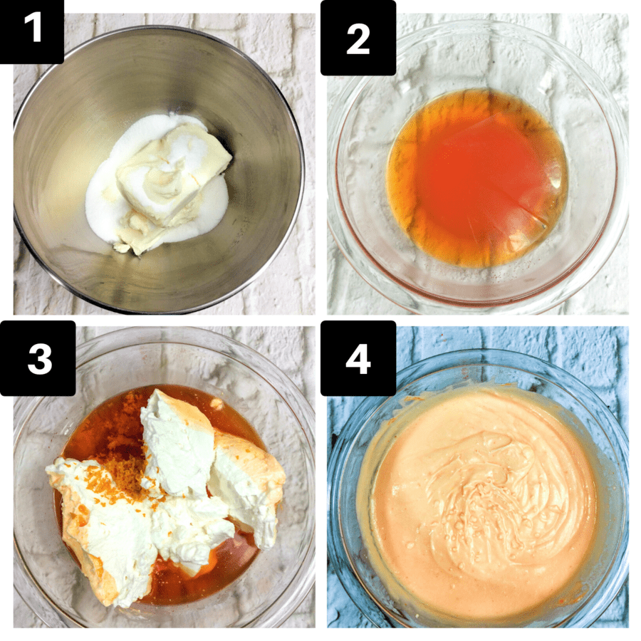 a four image collage showing the process of combining jello and cream cheese. 
