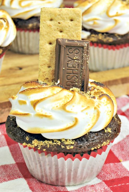a chocolate Smores cupcake with marshmallow meringue, graham cracker, and a chocolate piece.