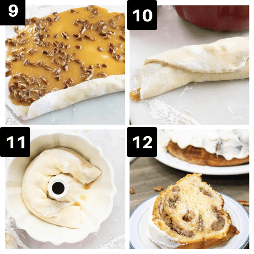 a four image college showing how to assemble pecan coffee cake.