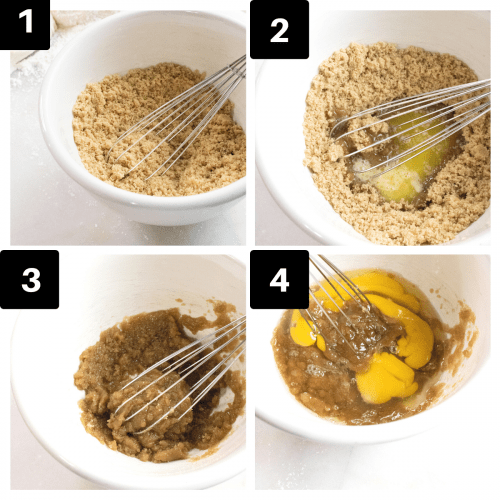 a four image collage showing how to make pecan filling.