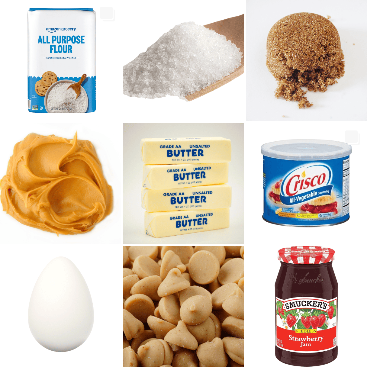 ingredients including flour, sugar, brown sugar, peanut butter, butter, shortening, peanut butter chips, and jam.