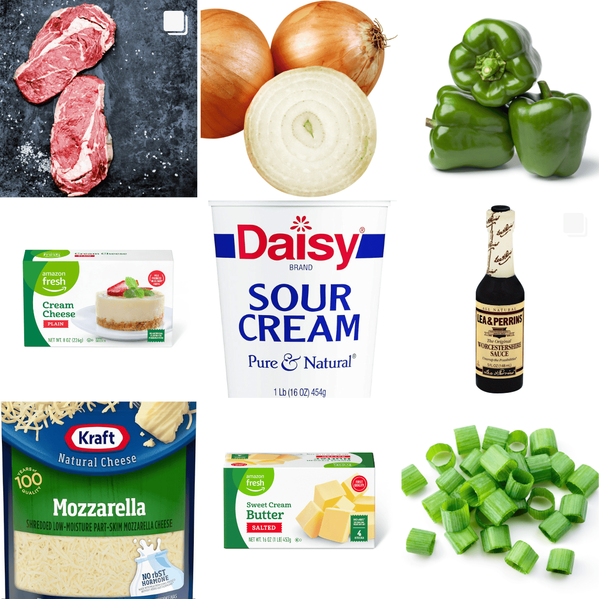 ingredients including ribeye steak, onion, bell pepper, cream cheese, sour cream, and mozzarella cheese. 