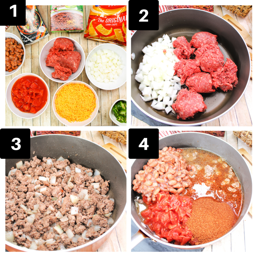 a four image colleage showing how to make chili with beef and beans.