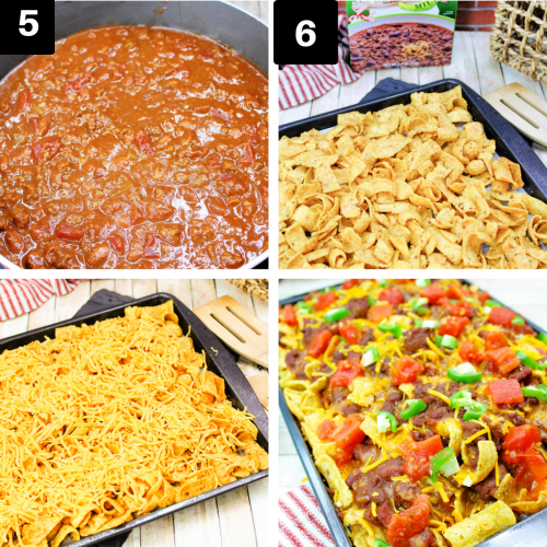 a four image collage showing up to make frito pie.