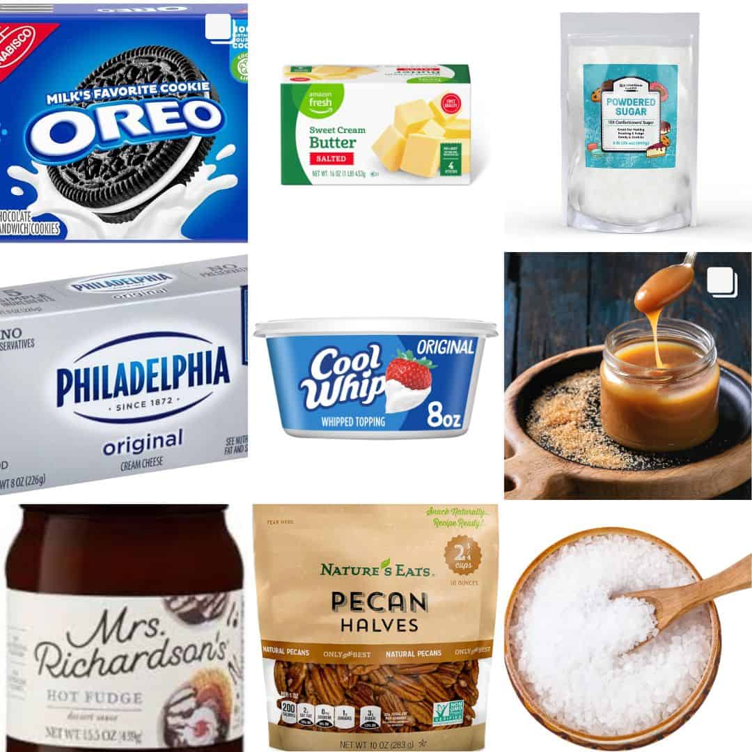 ingredients including oreos, cream cheese, caramel sauce, hot fudge, and pecans. 