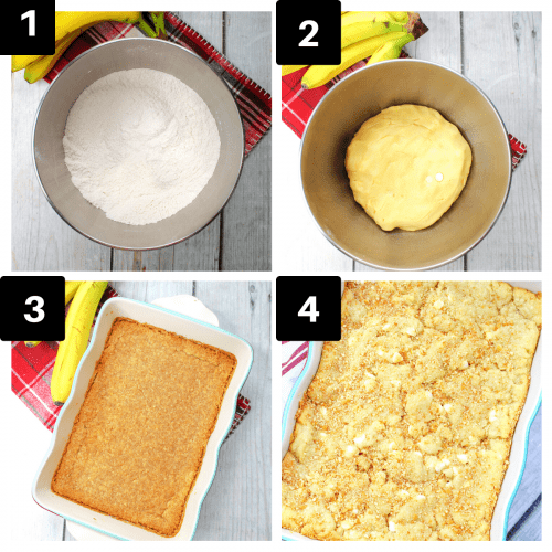 a four image collage showing how to make banana blondie batter.