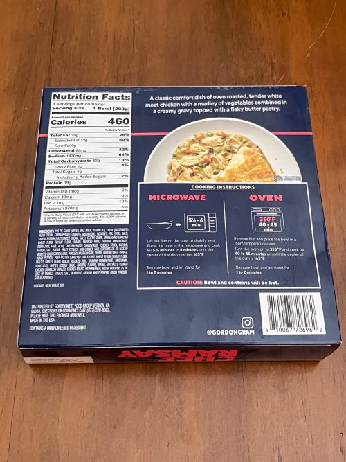the back of the box for Chef Ramsay's chicken pot pie dinner with nutrition and instructions.